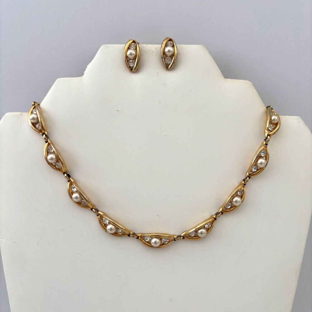 Vintage Bogoff Parure Rhinestone Faux Pearl Necklace Earring Set Old Money